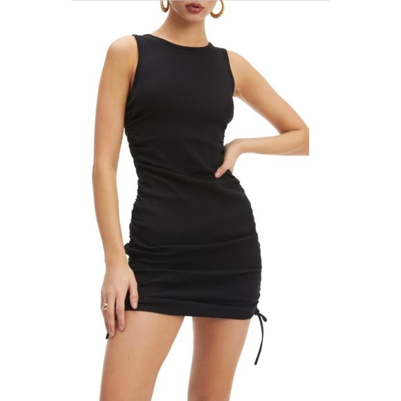 Sz 2 Good American Black Ribbed Ruched Tank Mini Dress Organic Cotton NWT - Picture 4 of 5